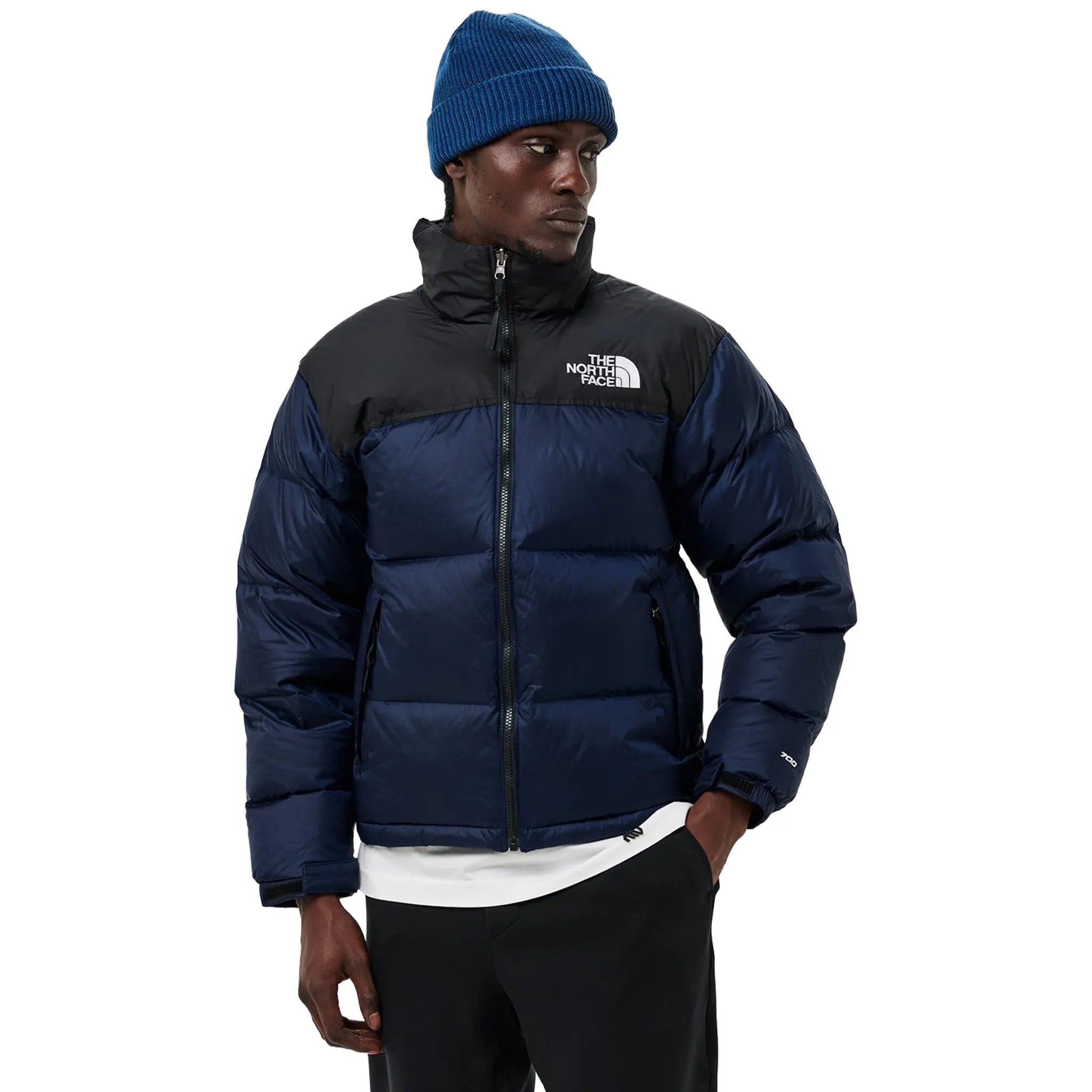 Model Front View of The North Face 1996 Retro TNF Navy Jacket